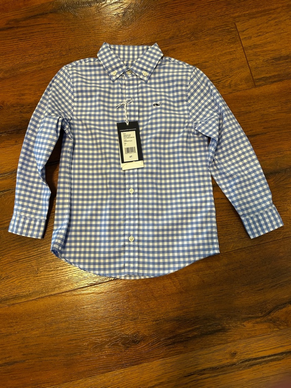 NWT Vineyard Vines Boys 4T Blue White Gingham Plaid ButtonDown Shirt Long Sleeve